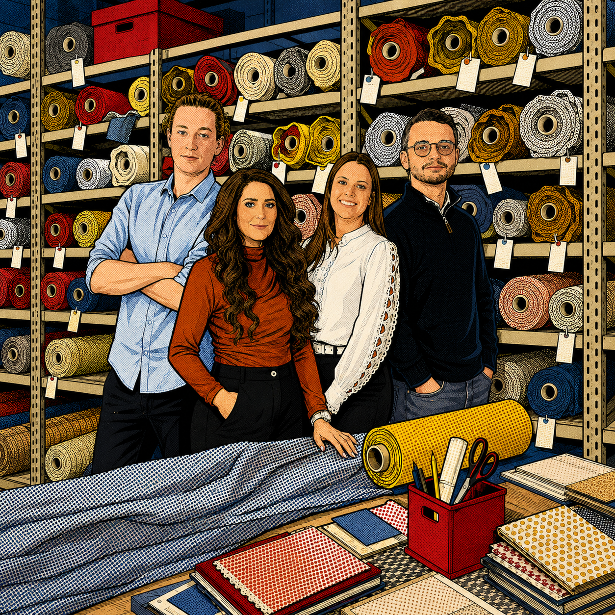 Illustration des Wovena-Teams im Pop-Art-Stil vor Regalen mit farbigen Stoffrollen und gemusterten Stoffen auf einem Arbeitstisch.