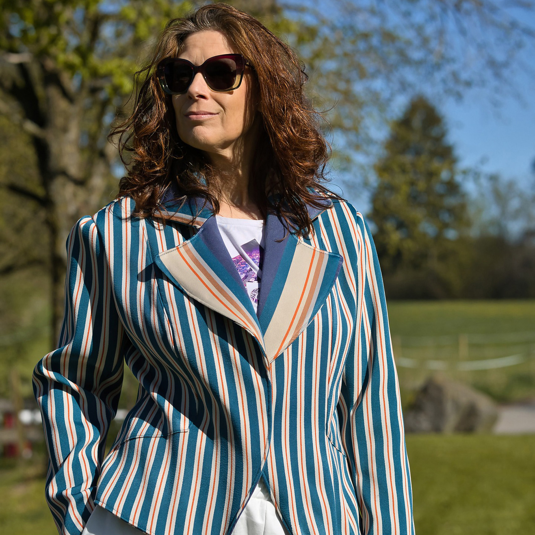 Striped blazer by Elke made from bold fabric with strong colours