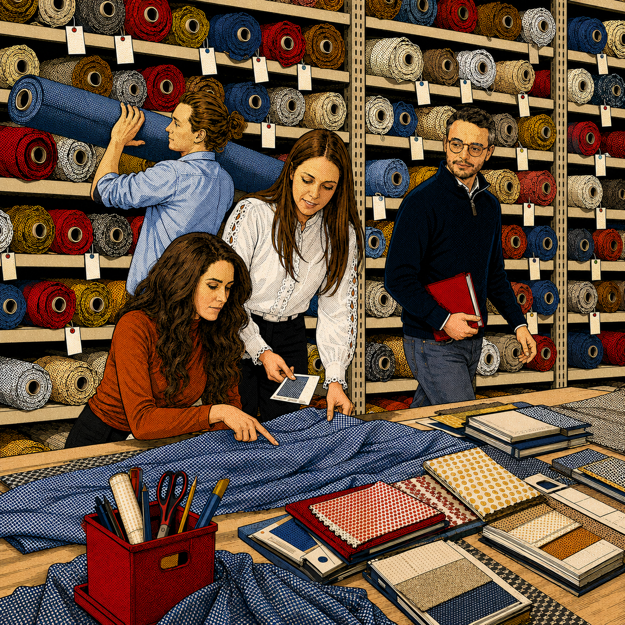 Pop-Art-Illustration des Wovena-Teams bei der gemeinsamen Arbeit an einem Stofftisch, umgeben von farbigen Stoffrollen, Mustern und gemusterten Textilien.