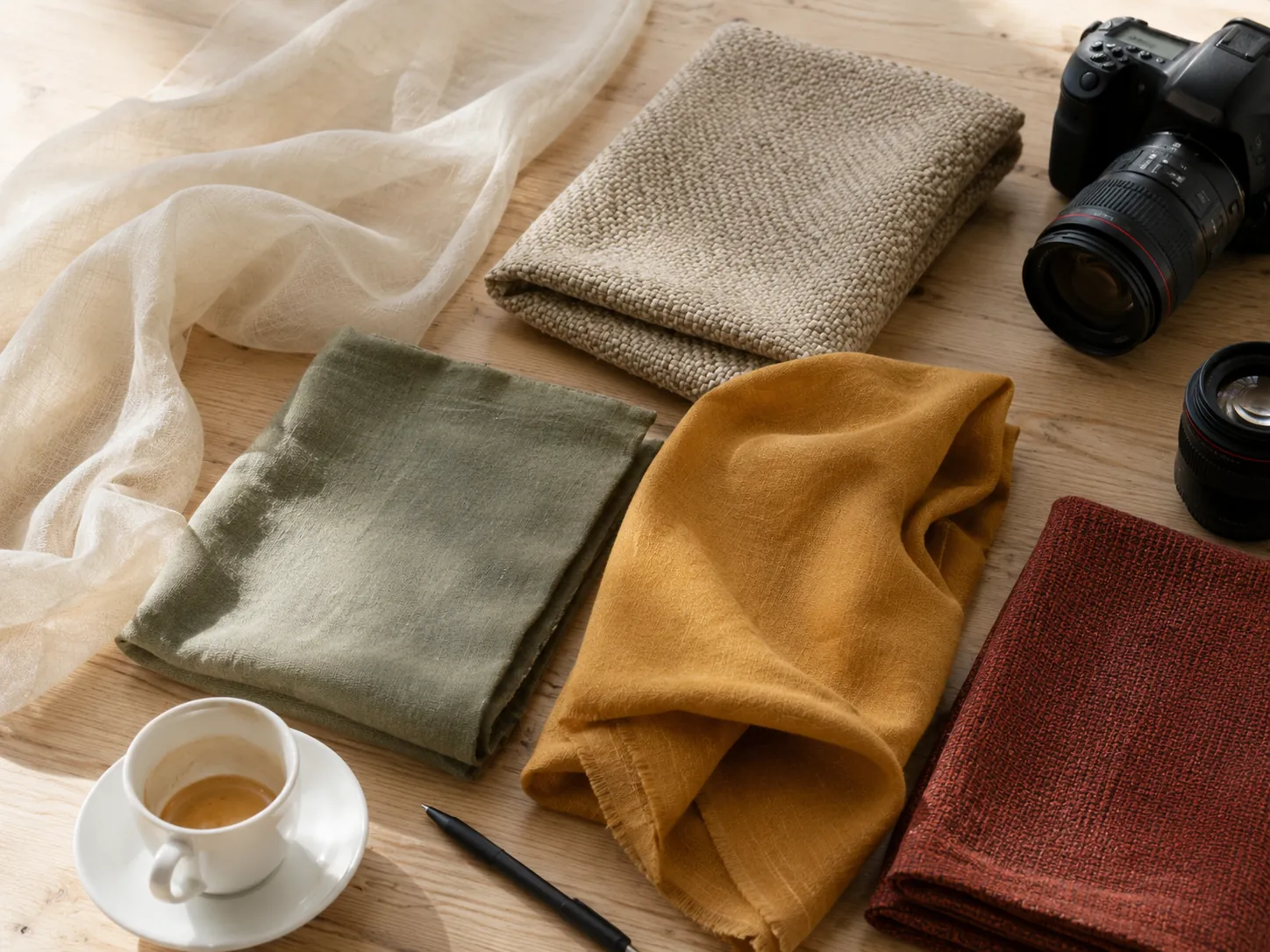 Verschiedene hochwertige Deadstock-Stoffe auf einem hellen Holztisch, arrangiert als Inspiration für Stoffideen, Trends und kreative Projekte.